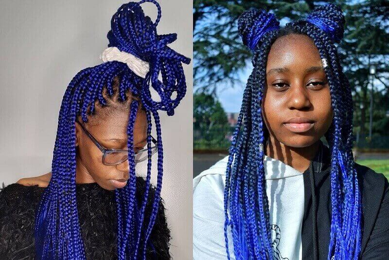 blue box braids on dark skin