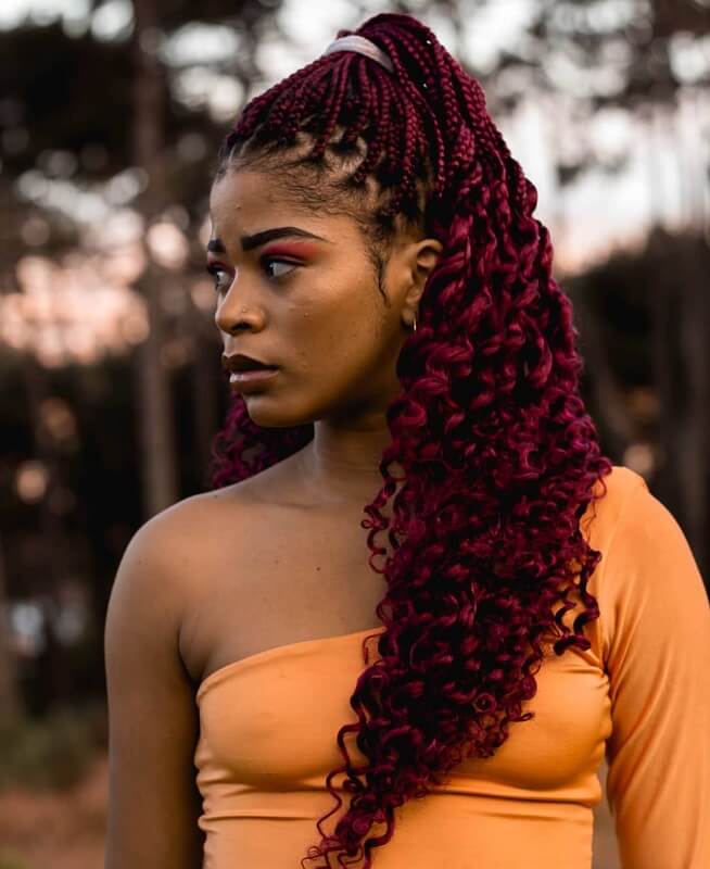 burgundy box braids with curly ends