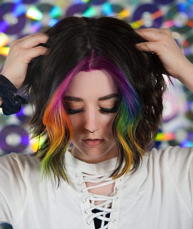 black hair with rainbow highlights