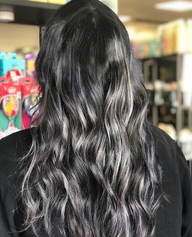 black hair with silver highlights