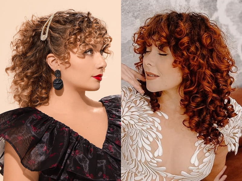 thick curly hair with bangs