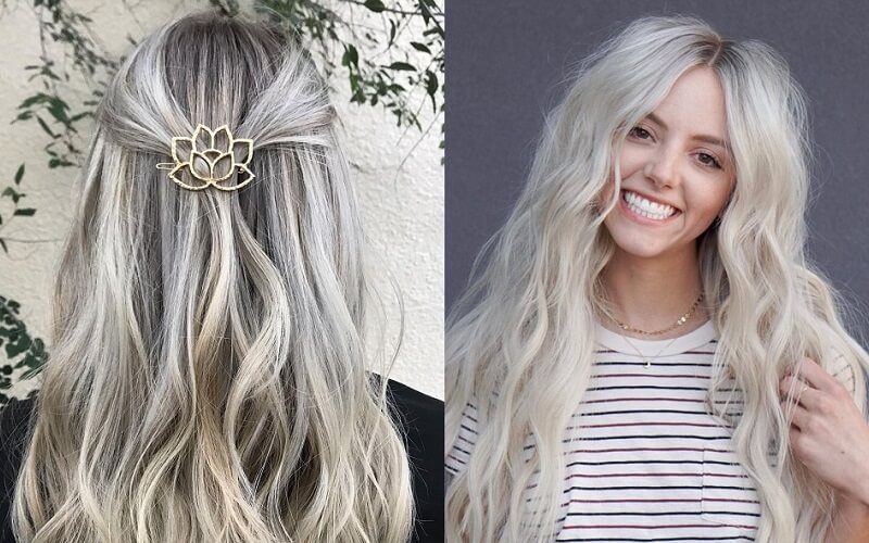 icy blonde hair with dark roots